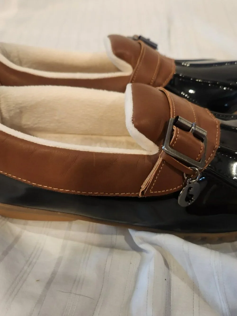 Sporto Paria Navy Patent Leather Fur Lined Duck Shoes Rain Loafers Size 6